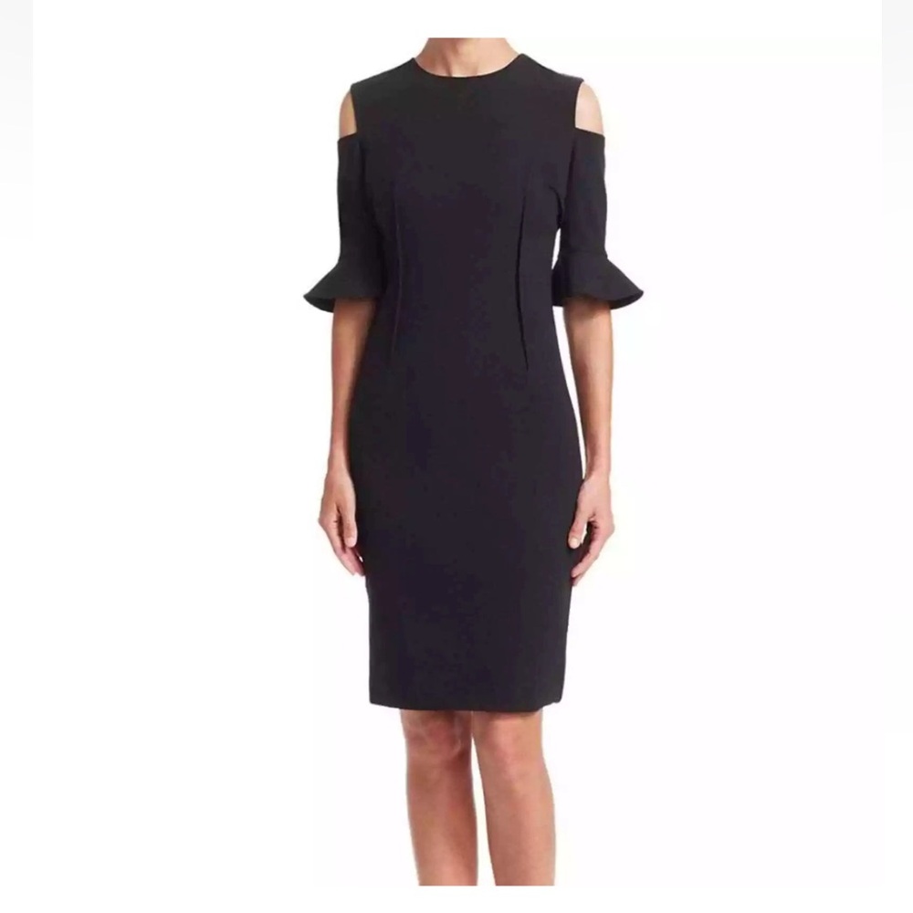 Rickie Freeman 10 dress black cold shoulder ruffle sheath elbow sleeve elegant